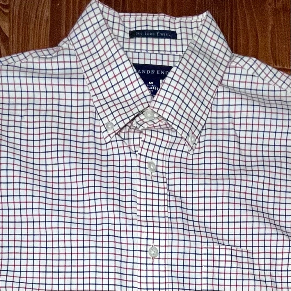 Lands’ End long sleeve button down sport shirt cream, red, and blue tattersall.